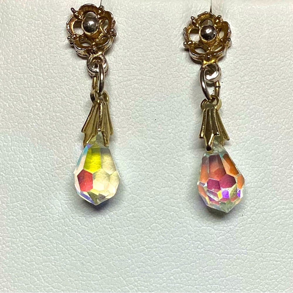 Vintage 90’s Rainbow Crystal & Gold Plated Flower Stud Drop Earrings EUC